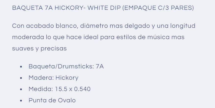 Baquetas 7A Hickory White Dip