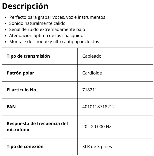 MM1 Micrófono para medición de condensador (omnidireccional)