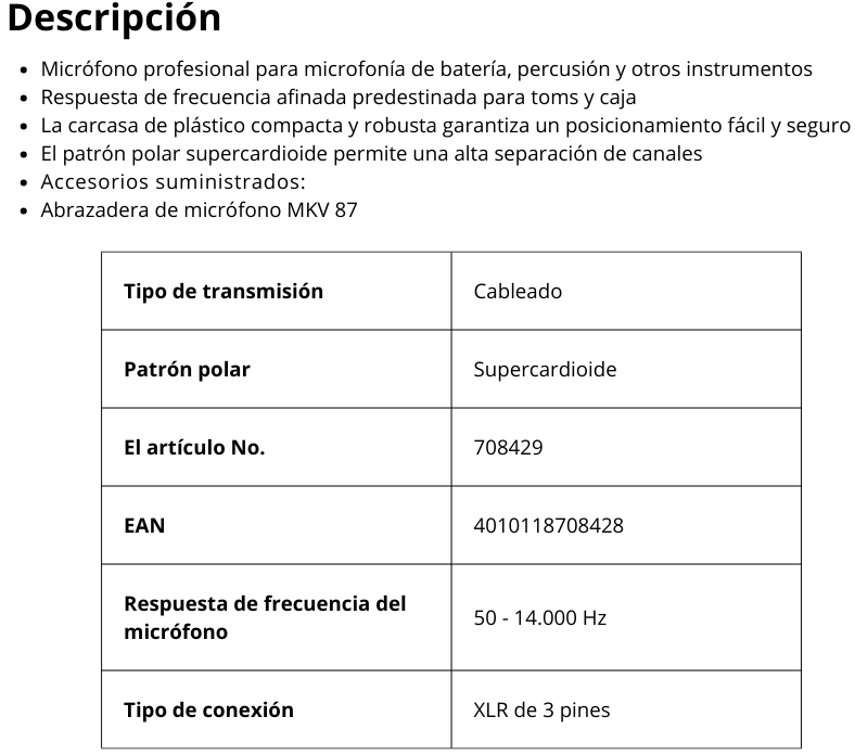 TG D35 Micrófono dinámico para batería (supercardioide)