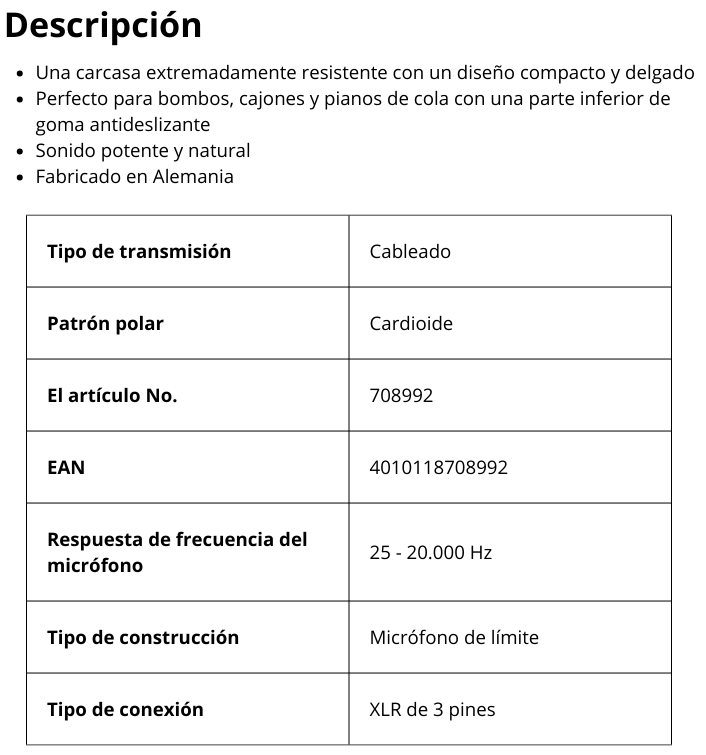 TG D71 Micrófono de superficie (semicardioide)