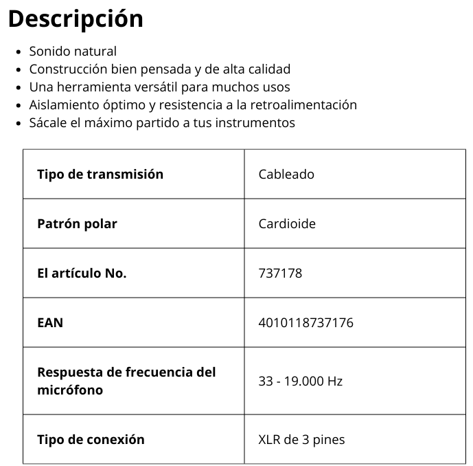 TG I51 Micrófono dinámico para instrumentos (cardioide)