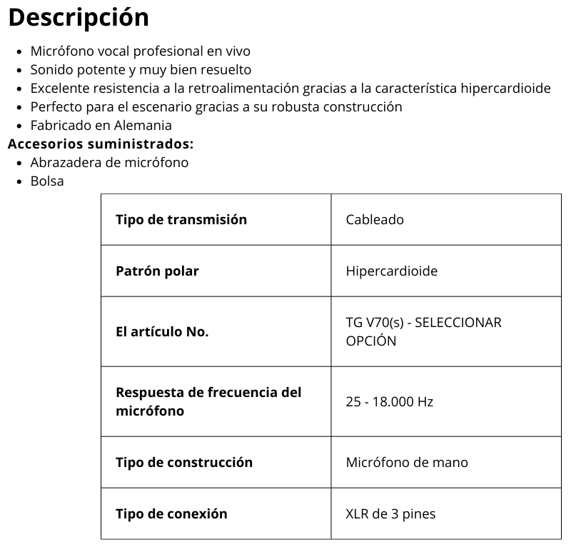 TGV70 Micrófono Dinámico Hipercardioide